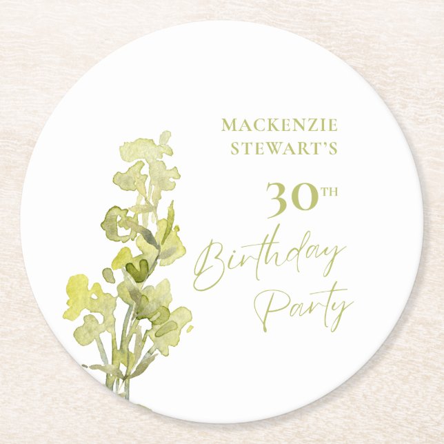 Posavasos Redondo De Papel Elegante acuarela verde botánica 30 cumpleaños (Anverso)
