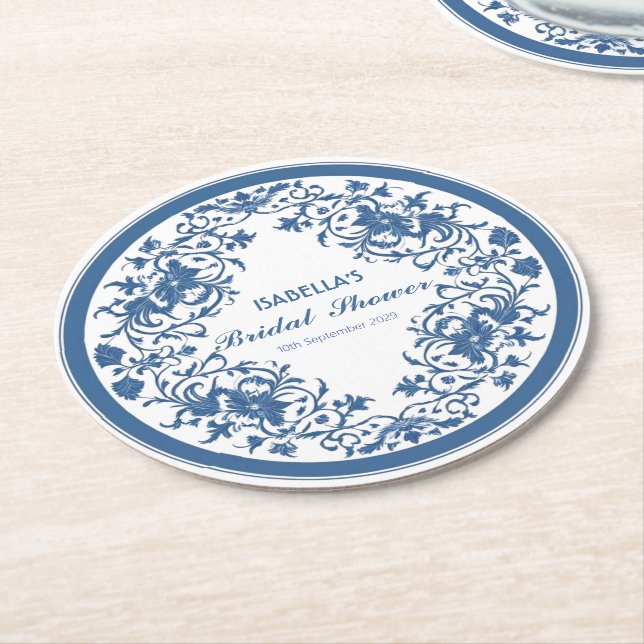 Posavasos Redondo De Papel Elegante Blue Chinoiserie victoriano chino floral (En perspectiva)