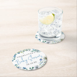 Posavasos Redondo De Papel Elegante Blue White Floral Spring Boy Baby Shower