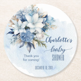 Posavasos Redondo De Papel Elegante Blue Winter Floral Boy Baby Shower