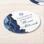 Posavasos Redondo De Papel Elegante B'nai Mitzvah Navy Fiesta de la Agate de<br><div class="desc">Elegante ágata azul marino y oro decora esta montaña de papel de B'nai Mitzvah fiesta para una familia judía que celebra que su hijo sea llamado a la Torá. Los dos nombres están escritos en un bello guión formal bajo la Estrella de David para una celebración conjunta.</div>