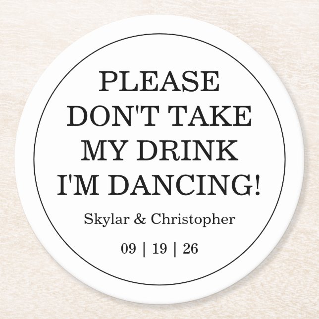 Posavasos Redondo De Papel Elegante Boda blanco y blanco (Anverso)