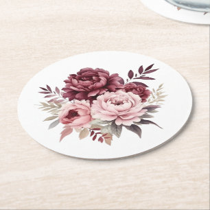 Posavasos Redondo De Papel Elegante Boda de color de agua floral Peony Flower