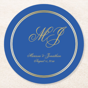 Posavasos Redondo De Papel Elegante Boda de guión de monograma de oro azul za