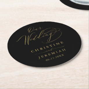 Posavasos Redondo De Papel Elegante Boda de guión elegante de oro negro