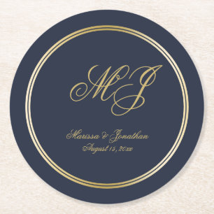 Posavasos Redondo De Papel Elegante Boda de guiones de Monograma de la Marina