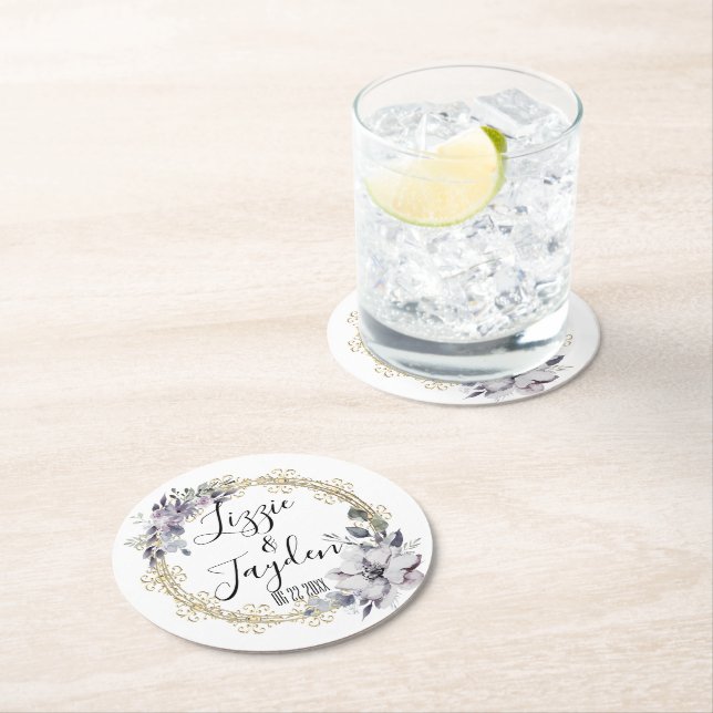 Posavasos Redondo De Papel Elegante Boda de guirnaldas florales de lavanda pe (In situ)
