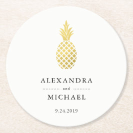 Posavasos Redondo De Papel Elegante Boda de piña dorada