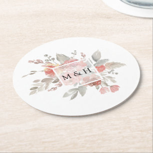 Posavasos Redondo De Papel Elegante Boda Floral Acuarela Rosa Claro