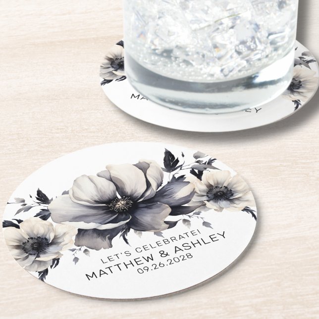 Posavasos Redondo De Papel Elegante Boda floral blanco negro moderno (Chic Elegant Date Boho Floral Black White Wedding Round Paper Coaster)