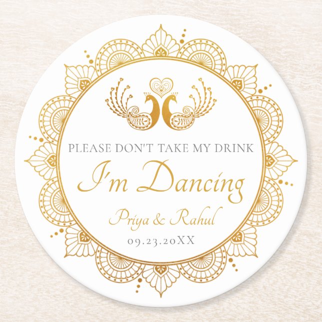 Posavasos Redondo De Papel Elegante Boda indio del patrón oro (Anverso)