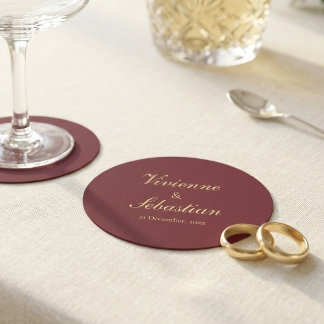 Posavasos Redondo De Papel Elegante Boda Minimalista con Guión de Oro Burgund