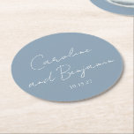 Posavasos Redondo De Papel Elegante Boda Minimalista personalizado Dusty Blue<br><div class="desc">Elegante Boda Minimalista personalizado y agitado estufa de papel azul</div>