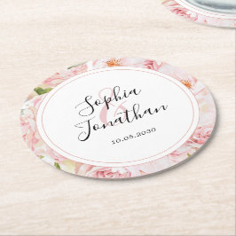 Posavasos Redondo De Papel Elegante Boda personalizado de rosas rosadas