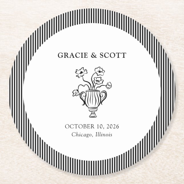 Posavasos Redondo De Papel Elegante Boda trenzado de mano blanca y negra clás (Anverso)