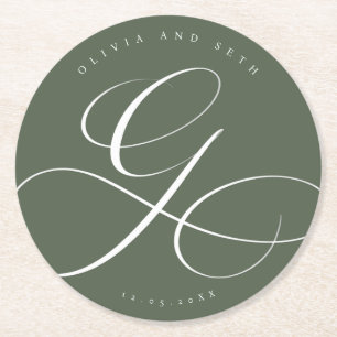 Posavasos Redondo De Papel Elegante Caligrafía “G” Bodas en Verde