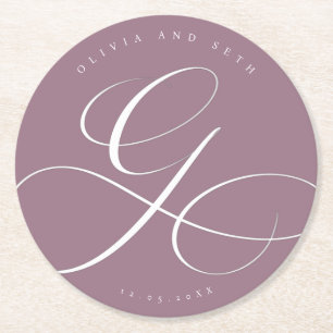 Posavasos Redondo De Papel Elegante Caligrafía “G” Lila Polvoriento Boda