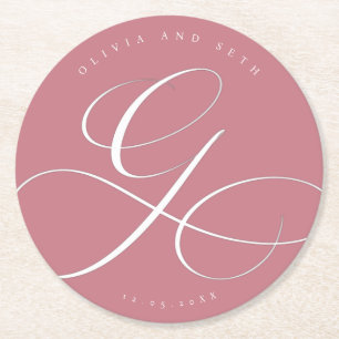 Posavasos Redondo De Papel Elegante Caligrafía “G” Rosa Polvorienta Boda