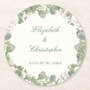 Posavasos Redondo De Papel Elegante Coaster de Boda Floral Verde Marfil