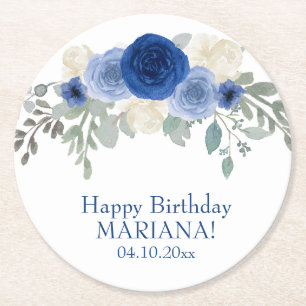 Posavasos Redondo De Papel Elegante Cumpleaños Floral Azul Marino
