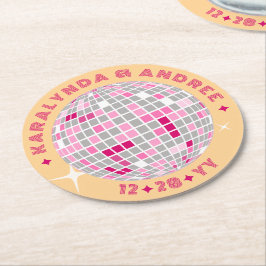 Posavasos Redondo De Papel Elegante Disco Ball Boda Rojo Rosa