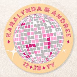 Posavasos Redondo De Papel Elegante Disco Ball Boda Rojo Rosa
