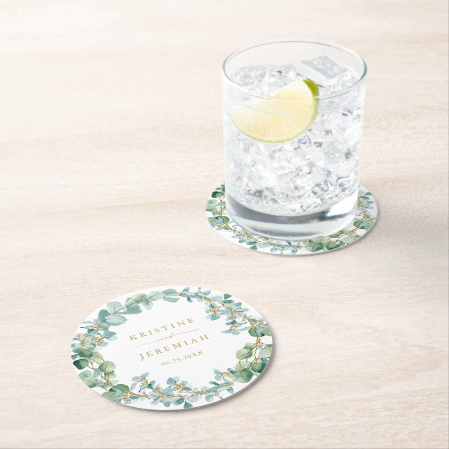 Posavasos Redondo De Papel Elegante Eucalipto Greenery Wreath Gold Boda (In situ)