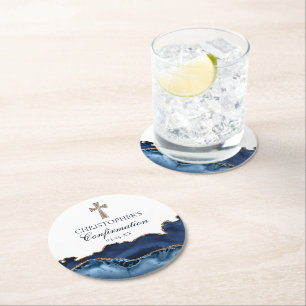 Posavasos Redondo De Papel Elegante Fiesta de oro azul de la cruz de la marin