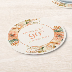Posavasos Redondo De Papel Elegante Floral de Crema de Melocotón Cumpleaños 9