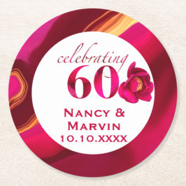 Posavasos Redondo De Papel Elegante Floral de rosa roja 60 años Añadir nombre