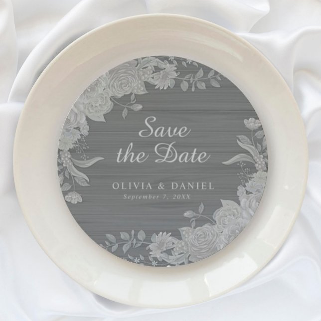 Posavasos Redondo De Papel Elegante floral gris plateado salva al Boda de cit (Subido por el creador)