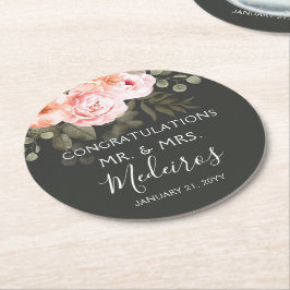 Posavasos Redondo De Papel Elegante Floral Rubor Rosa Botánico Moderno Boda