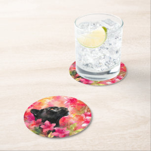 Posavasos Redondo De Papel Elegante floreciente Floral Wild Panther Negro