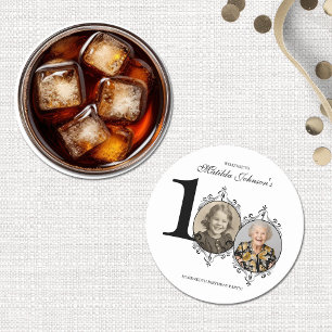 Posavasos Redondo De Papel Elegante foto de color blanco negro 100 cumpleaños