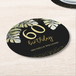 Posavasos Redondo De Papel Elegante Glitter Dorado Palma Caligrafía Cumpleaño
