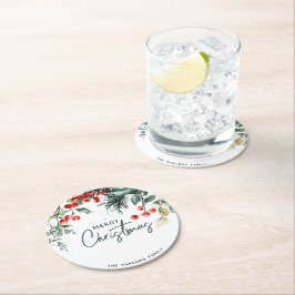 Posavasos Redondo De Papel Elegante invierno verde Feliz Navidad
