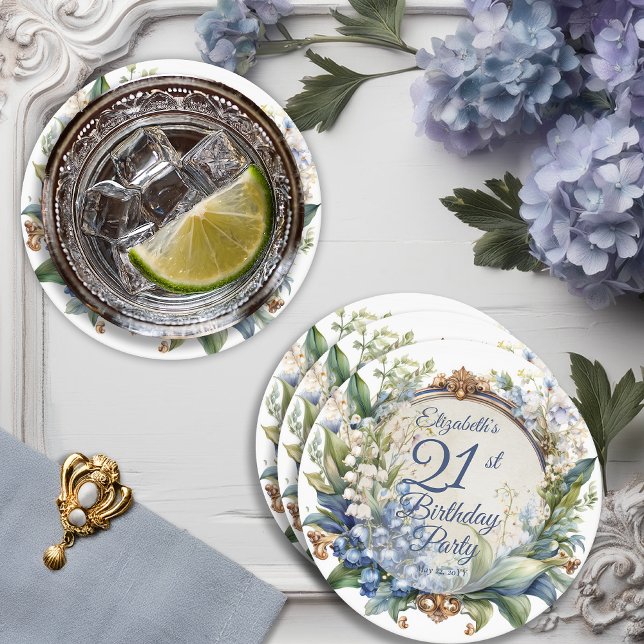 Posavasos Redondo De Papel Elegante marco barroco floral 21 cumpleaños Fiesta (Elegant Baroque Floral Arch 21st Birthday Party Round Paper Coaster)