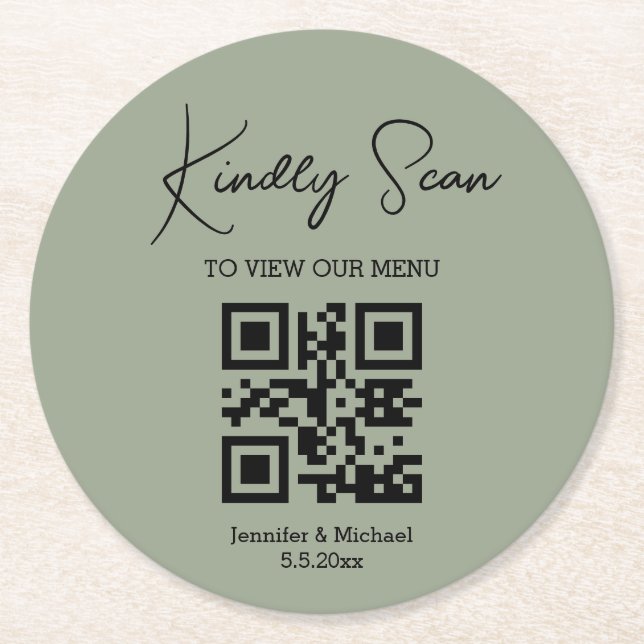 Posavasos Redondo De Papel elegante menú de boda de código qr mínimo (Anverso)