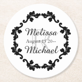 Posavasos Redondo De Papel Elegante monograma boda gris blanco negro