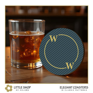 Posavasos Redondo De Papel Elegante Monograma de Franja Negra y Dorada