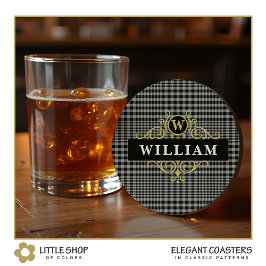 Posavasos Redondo De Papel Elegante Monograma de vidrio gris negro dorado