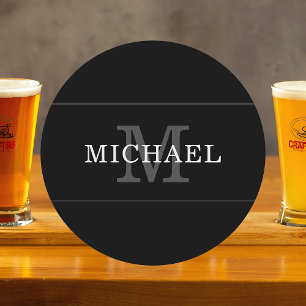 Posavasos Redondo De Papel Elegante Monograma Personalizado de Nombre en Negr