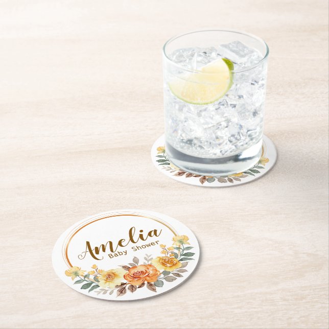 Posavasos Redondo De Papel Elegante Naranja Floral Baby Shower (In situ)