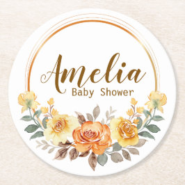 Posavasos Redondo De Papel Elegante Naranja Floral Baby Shower