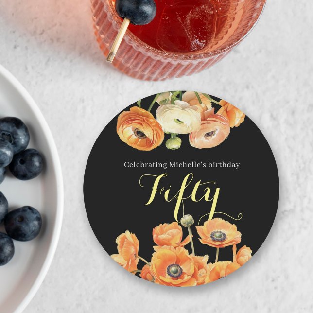 Posavasos Redondo De Papel Elegante Naranja negro Floral 50 cumpleaños (Subido por el creador)