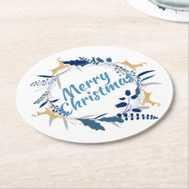 Posavasos Redondo De Papel Elegante Navidades de flores de reno dorado