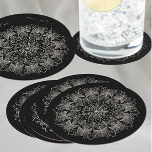 Posavasos Redondo De Papel Elegante negro Mandala Boho Moda Boda indio