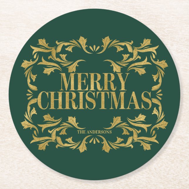 Posavasos Redondo De Papel Elegante Ornate Gold Merry Christmas Coasters (Anverso)