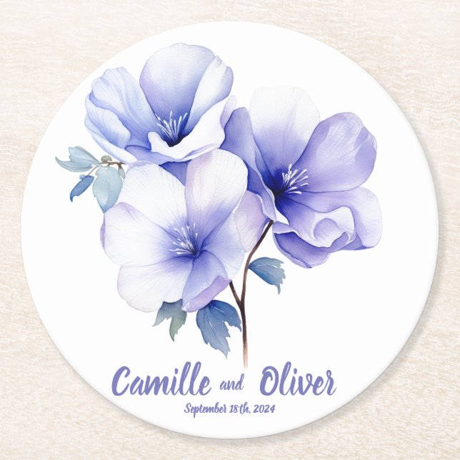 Posavasos Redondo De Papel Elegante Periwinkle: Casas Bodas personalizadas (Anverso)