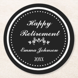 Posavasos Redondo De Papel Elegante personalizado negro y blanco feliz retiro